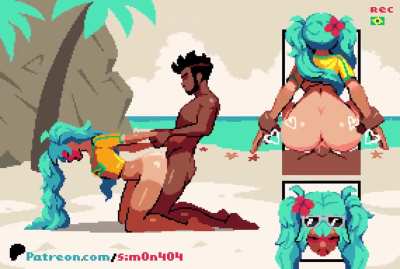 Pixel Miku taking backshots at the beach 