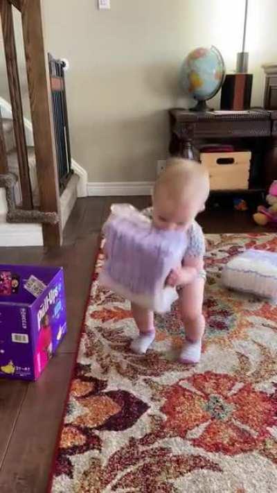 My unit of a 1 y/o yeeting a box of her big sister’s pull-ups.