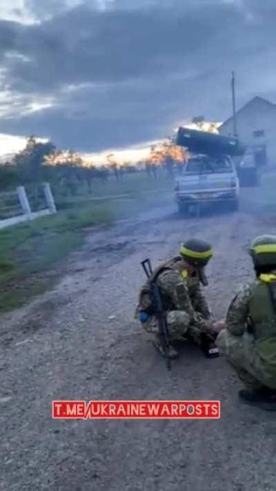 Ukrainian forces in action with makeshift MLRS in the Donbass region.