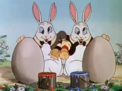 This scene is from the 1934 Disney animated short “Funny Little Bunnies.” This lesser-known classic features colorful, whimsical scenes of bunnies making Easter treats, and showcases Disney’s early animation techniques from the pre-Snow White era.