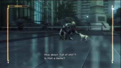 Metal Gear Rising: If you look to the side while Monsoon is talking about memes, you can see a soldier playing with a cat