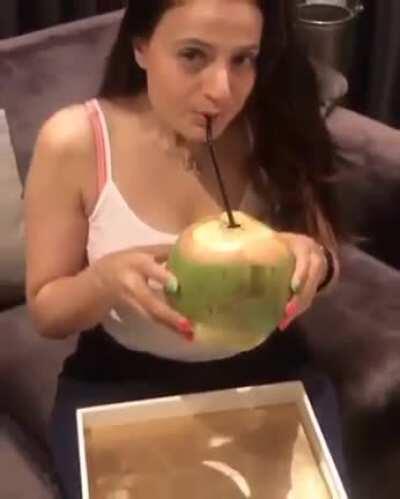 More interested to drink from the two coconuts which are attached to Ameesha Patel's chest