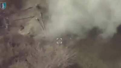 Ukrainian HIMARS strike on Russians building defenses (?) behind the frontline. April 2024 (music from source)