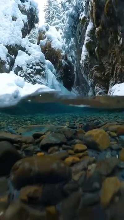 Snowflakes falling into crystal clear water