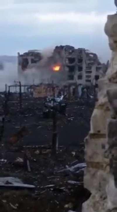 2A42 30mm autocannon dismantling a destroyed building in Marinka