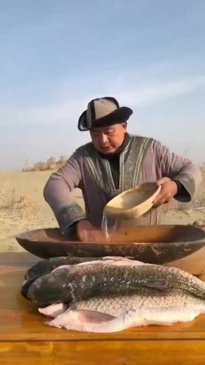 Mongolian ice fishing technique