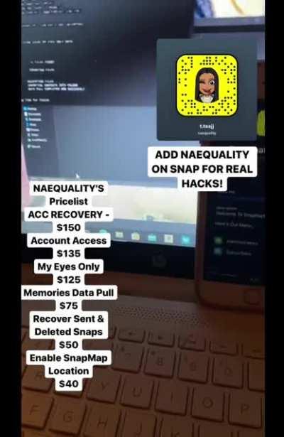 Contact @naequality on snap to order account hacks like account access, account recovery, my eyes only & more! All available For socials like iG, Snap, FB , Twitter , & TikTok. Telegram Group Link In Comments Below 👇