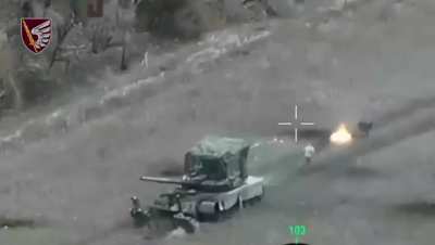 Ukrainian 79th Air Assault Brigade's UAV team destroyed a Russian tank attached with a mineroller. The enemy crew was able to bail out but was hunted down by drones. Kostyantynivka direction. October 2024.