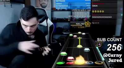 The video of a man who set a Guitar Hero world record last year after he full combo'd Free Bird from Guitar Hero 2 at 300%. It took months of practice and 530 attempts...