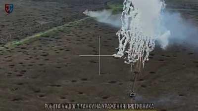 Ukrainian tank from 58th Separate motorised brigade fires at Russian column, near town of Staromlynivka, Berdyansk direction