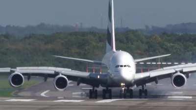 Airbus A380 landing during a storm at Düsseldorf