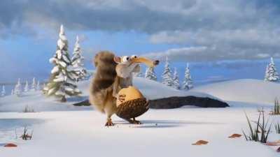 Scrat finally got the acorn . The shot was made as a farewell to Blue Sky Studios.