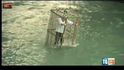 The Tonca is an event in Trento, Italy, where every 19th of June a ceremonial jury sentences the local politician that committed the year's worst blunder to be locked in a cage and dunked in the river