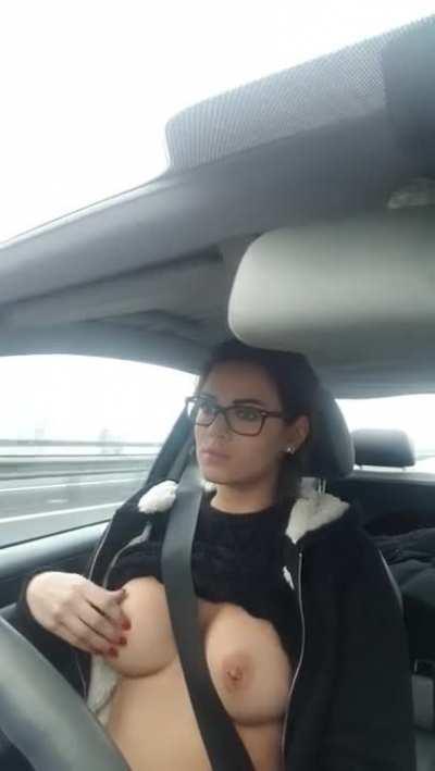 Stunning French Girl Drives With Her Tits Out