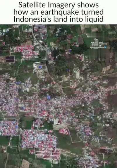 This happened on Sept. 28, 2018 in Indonesia when sand, saturated in water, was shaken by an earthquake and turned into a liquid state