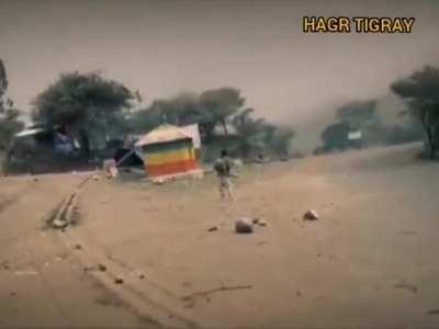 Tigrayan fighters capture a tank after chasing it and causing it to throw a track