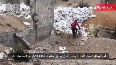 Faylaq al-Rahman fighter carries out WW1 style IED attack against entrenched Syrian government forces in Jubar neighborhood of Ghouta, December 2017