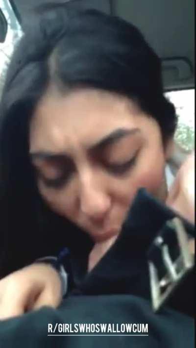 Sexy Brunette gives a Hesitant Blowjob in the Car & Takes Cum In Her Mouth