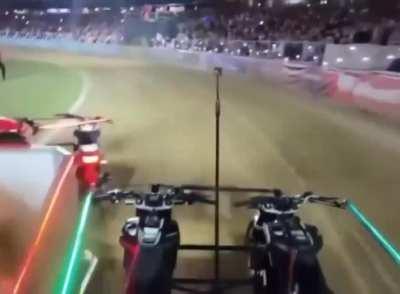 Driver’s view of the Motorcycle Roman Chariot racing main event.