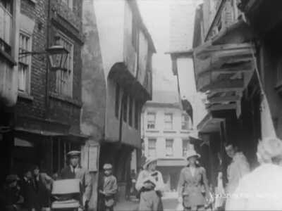 The Shambles in York 1920. The oldest street in York, England, with overhanging timber-framed buildings, some dating back as far as the fourteenth century.