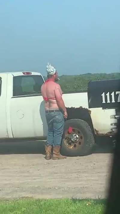 Tinfoil hat, bikini top, cowboy boots