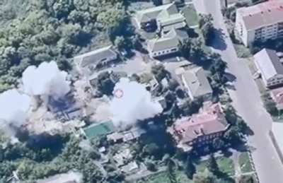 Ukrainian drone footage of a Russian staging area getting hit by US-donated GBU-39 Small Diameter Bombs. Kursk Oblast.