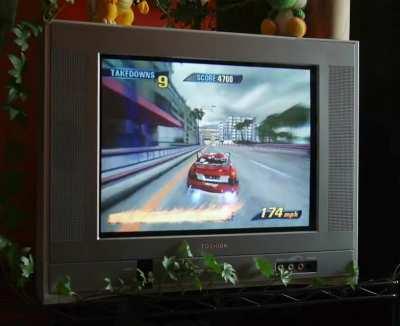 Burnout 3 feels so good on a CRT. Fast paced games really benefit from the motion clarity and input response.