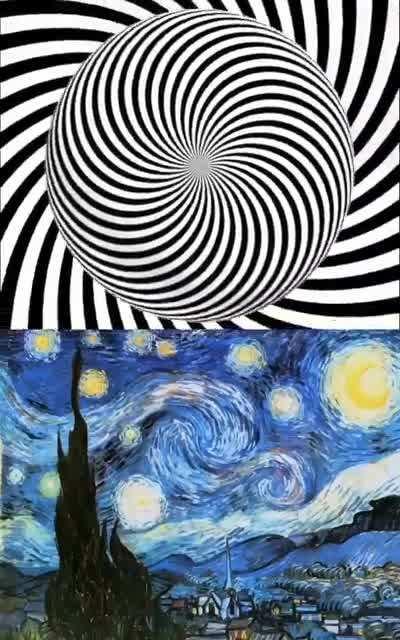 The best way to enjoy Van Gogh's painting &quot;The Starry Night&quot;. Step 1: Look at the spiral for 20 seconds without looking away. Step 2: Look at the painting fixedly. 😲