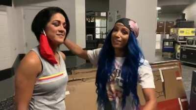 Sasha Banks and Bayley wishing Xavier Woods a Happy Birthday. Keep it tight.