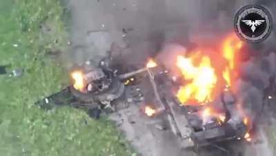 A moving Russian tank is destroyed after being hit by a Ukrainian FPV drone (posted by 47th Brigade)