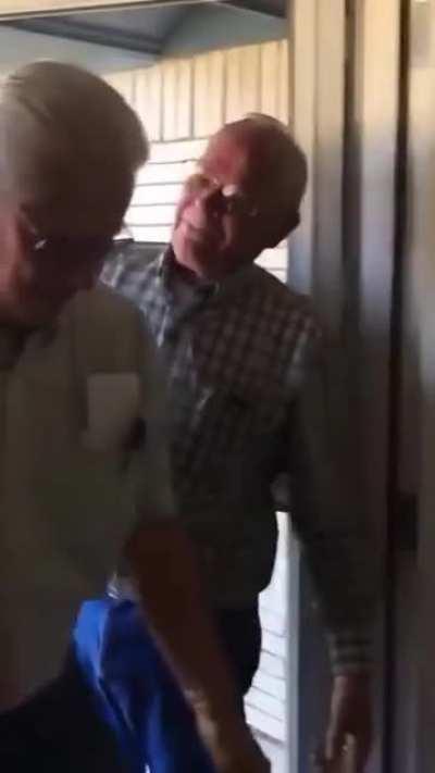 Dad cries after his kids help him reunite with his best friend war bud who he hasn't seen or heard from for over 60 years. They tricked their dad by having his war buddy knock on the door and ask for &quot;Tex&quot;, a name that only his best friend called him from