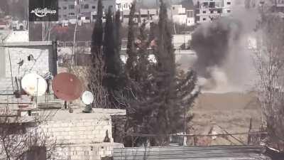 Rebel RPG gunner shoots a SAA T-72 tank. E Ghouta, Syria 2016.