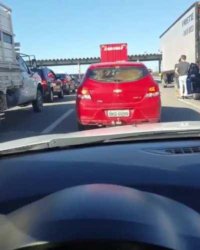 Car hits stationary truck plus a cow in a trunk's car ahead