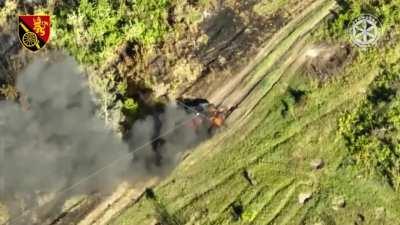 Destroyed Russian BMP-2 with a barbecue near the village. Dibrova, Lugansk region. (presumably 48.99894, 38.09192 )