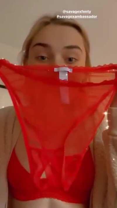 Meg showing some underwear products