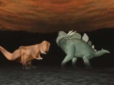 This GODAWFUL animation of a T. rex attacking a Stegosaurus was actually included with an interactive encyclopedia suite in 1998. Watch with sound.