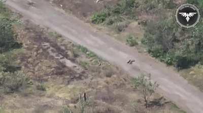 Russian soldier jumps off motorbike as an FPV drone approaches, only to be hit moments later. Video by the Strike Drone Company (47 OMBr)