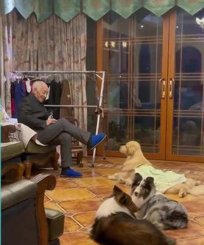 This pup loves to copy his grandpa's every move