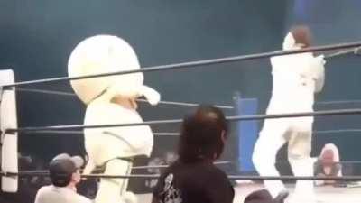 Infamous Mascot Chiitan gets the full swing of an exploding barbwire bat