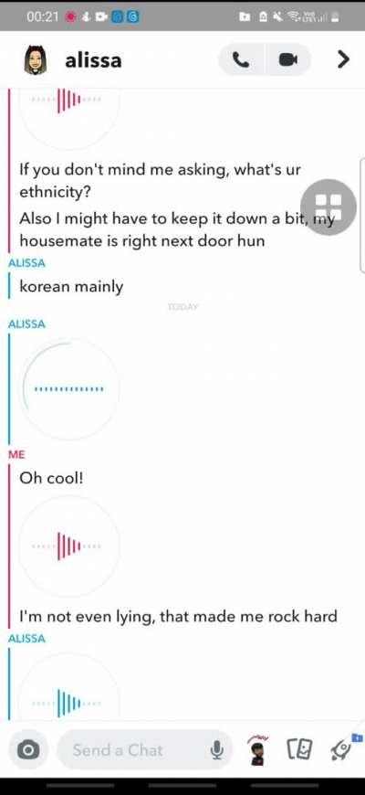 Korean virgin's reaction after seeing what I'm packing - if this does well, I'll upload more voice notes, sexting, and some censored pics of her