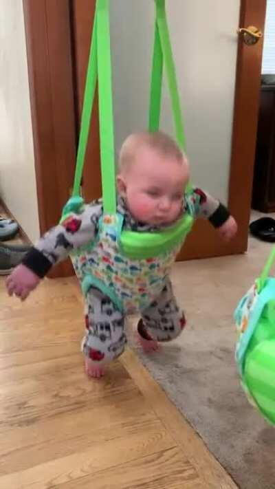 My son fell asleep jumping in his bouncer and kept jumping in his sleep.