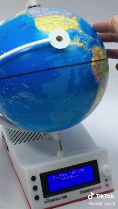 This radio plays radio stations from wherever the white stick triangulates on the globe