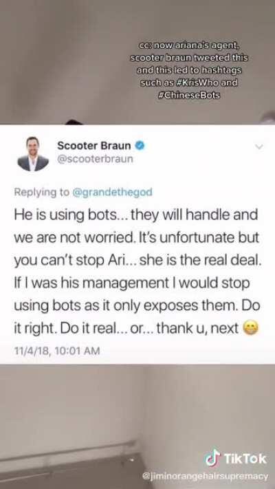 Scooter Braun and Ariana accuse Kris Wu, a legend in his own right, of using bots to nab the #1 spot on the chart. Months later, Scooter Braun went on social media to instruct fans on how to stream Justin Beiber’s new album to push it to #1 spot.