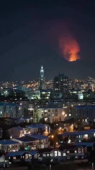 Volcanic Eruption visible at night outside Reykjavík, Iceland's capital