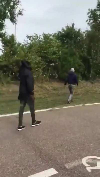 Family arrives back in the UK from holiday and discovers two Africans in their roof rack. All their belongings were flung away by them to fit in.