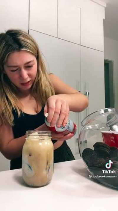 The amount of time she spent posing with the drink at the end.