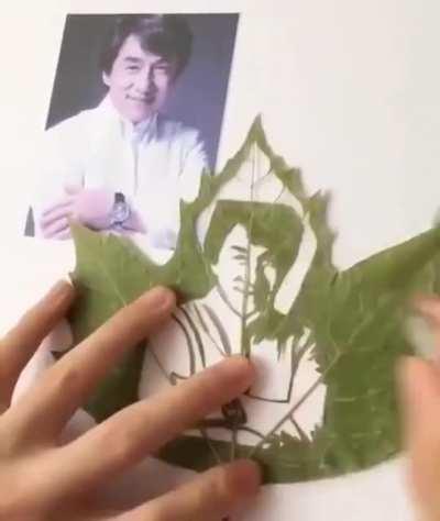 Jackie Chan Potrait Carved Onto a Leaf.