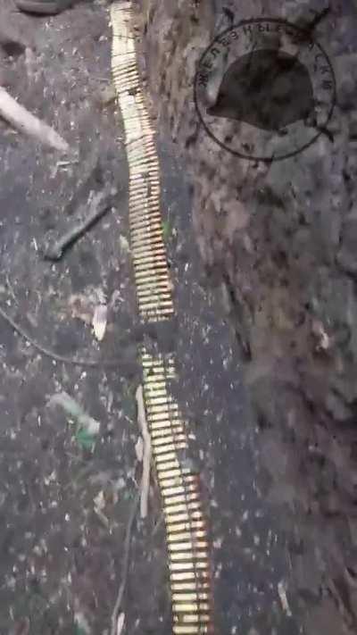 Russian soldiers from the 55th Mountain Motor Rifle Brigade examine the bodies of slain Ukrainian soldiers in a dugout they recently captured west of Avdeevka. The position was defended with an FN MAG you can see in the video. Late April 2024