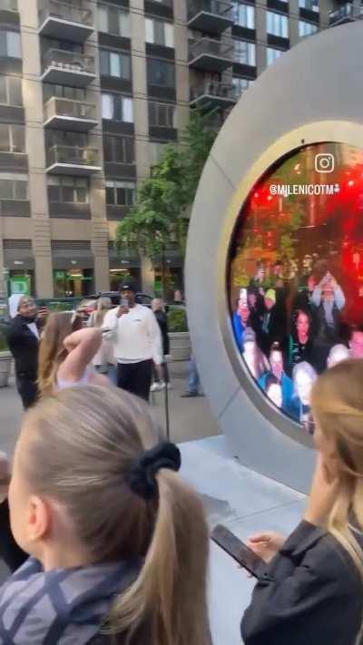 New Angle - Woman flashes her boobs in New York at Dublin to NY portal