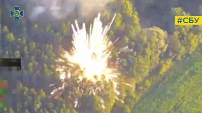 Compilation footage by the Security Service of Ukraine showing loitering munitions strikes against Russian vehicles. (Including a BUK-M1 air defense system, 2S5 